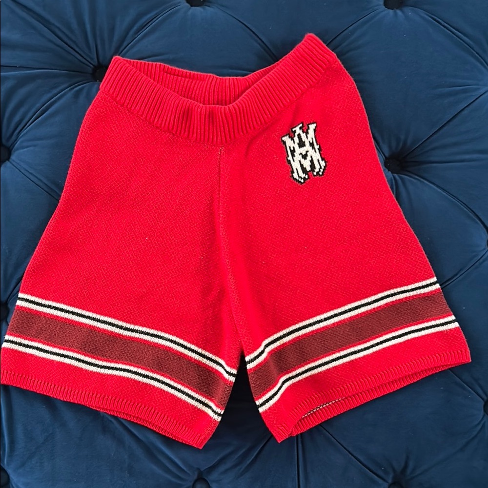Red Knit Stripe Shorts with Embroidered Logo